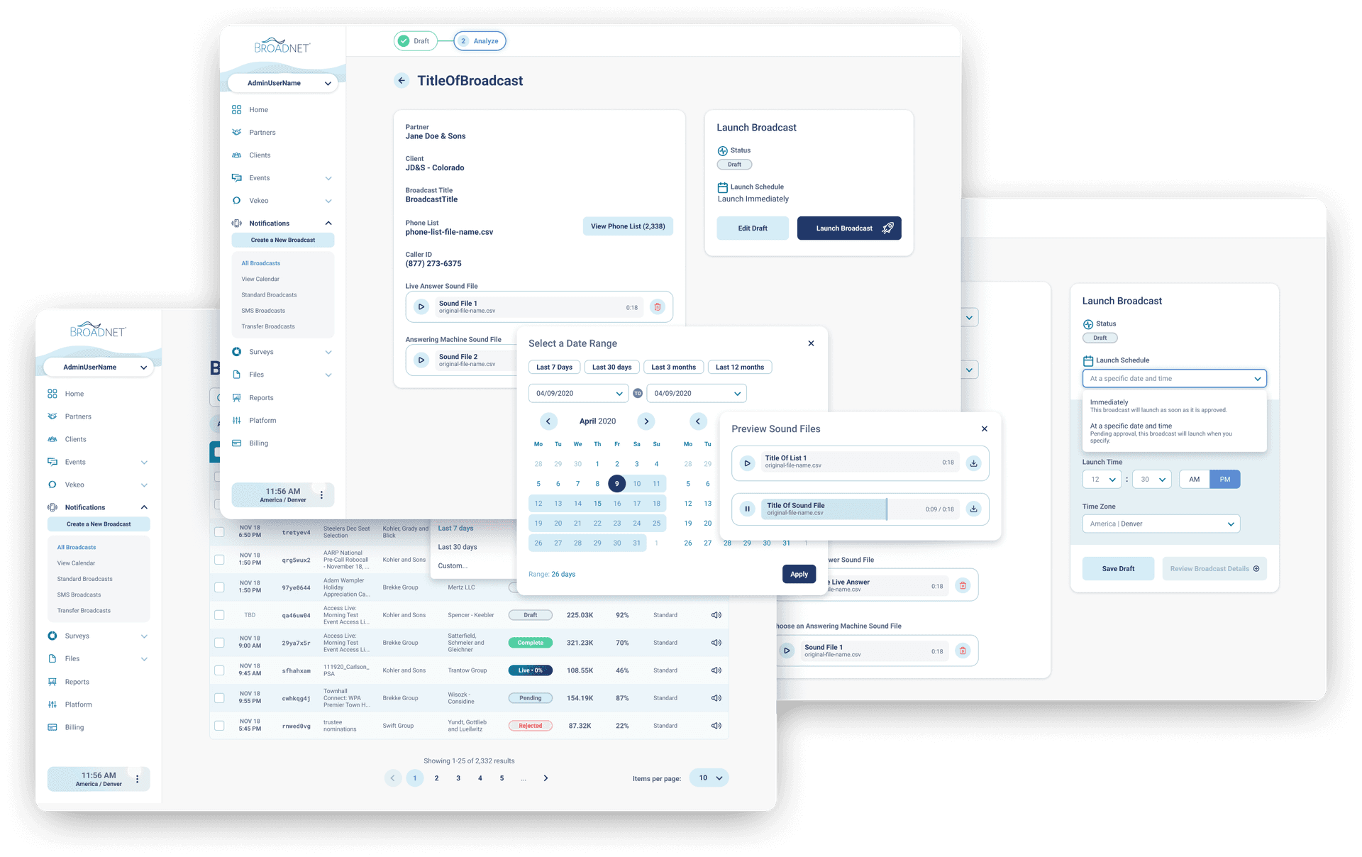 Several screens from the Broadnet Teleservices dashboard