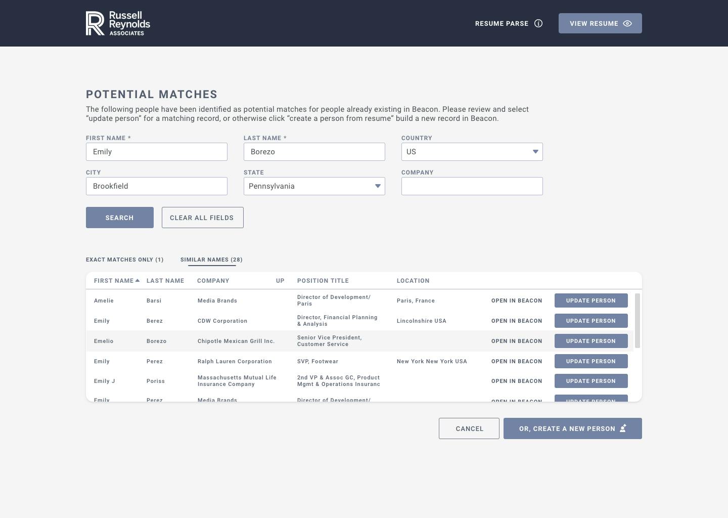 A screen from the Russell Reynolds Resume Parse Tool